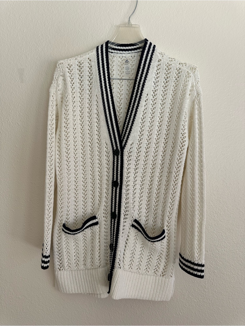 NWT Ann Taylor Loft Women’s Cream Open-Knit Cardigan with Blue Trim Pockets M